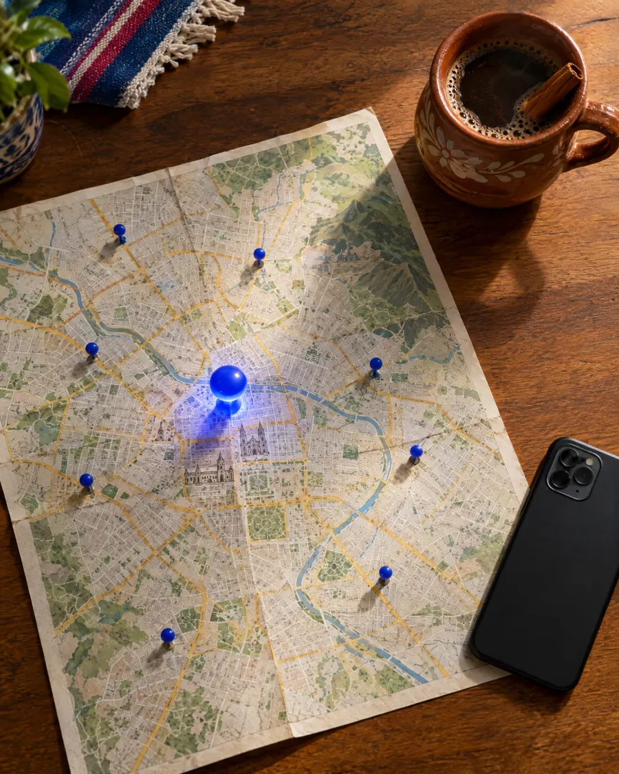 Mapa de papel de una ciudad sobre una mesa, con chinchetas azules y un café de olla al lado.